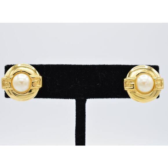 Givenchy Vintage Pearl Stud Earrings G GG Logo Gold Round Signed Post 1980s BinZ - Picture 1 of 12